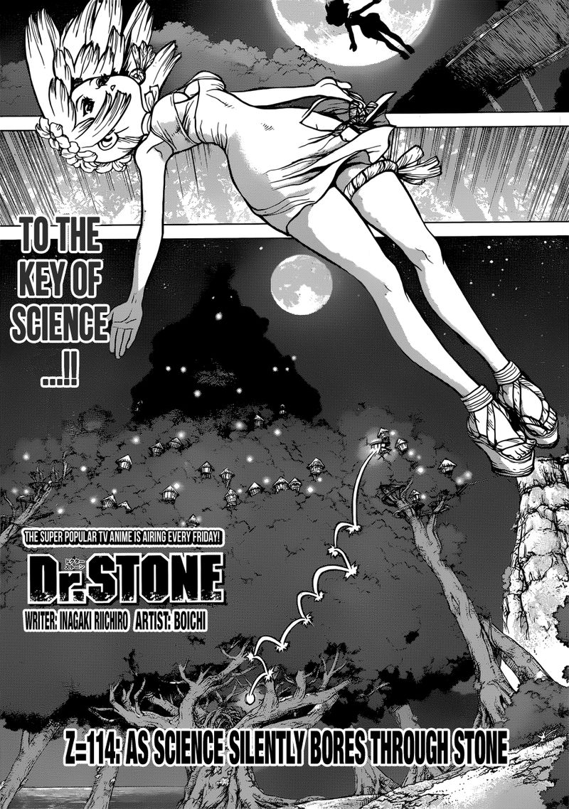 Dr. Stone Manga Chapter 114 page 1 - Silently, Science Pierces the Stone scene