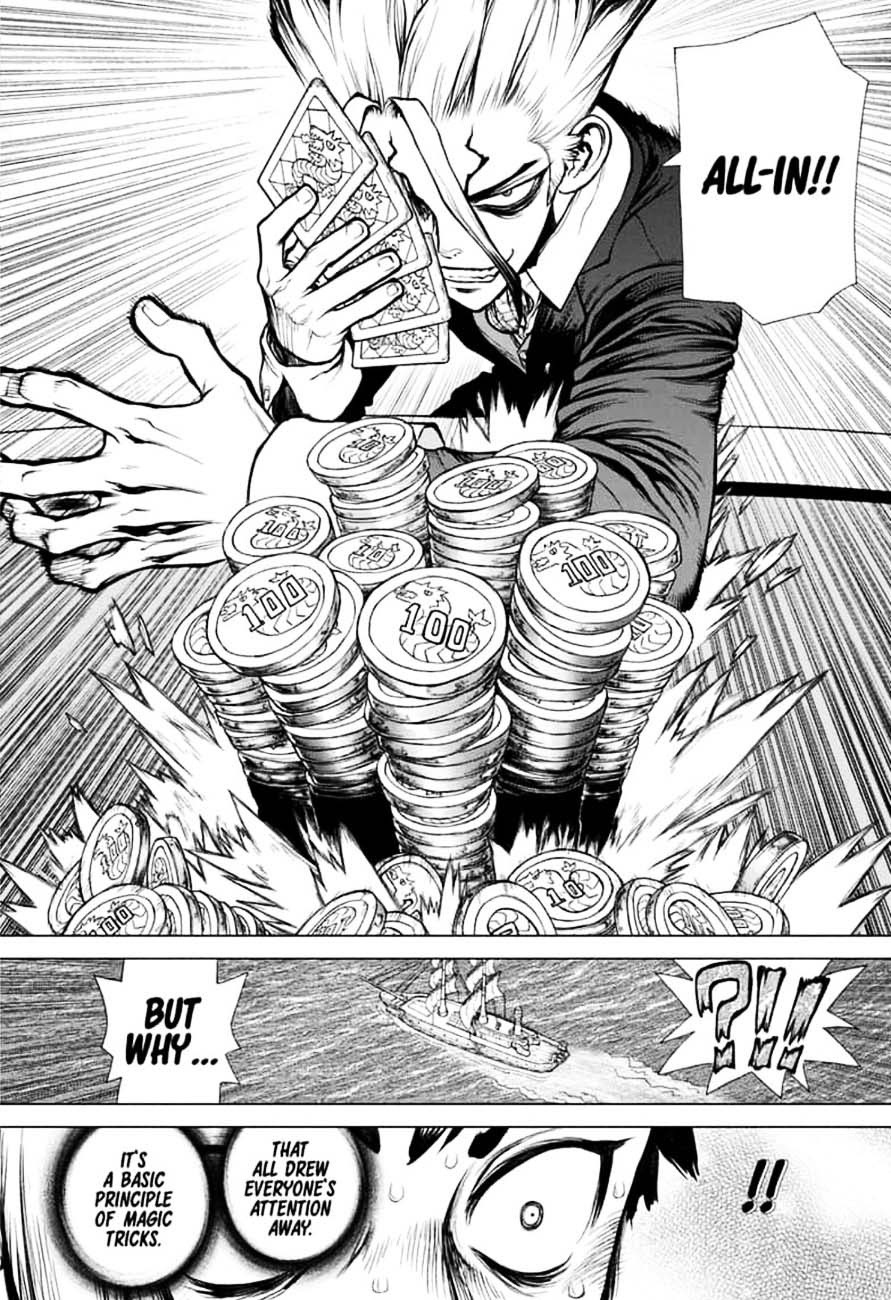 Dr. Stone Manga Chapter 144 page 13 - Ryusui & Gen vs. Senku & Kohaku scene