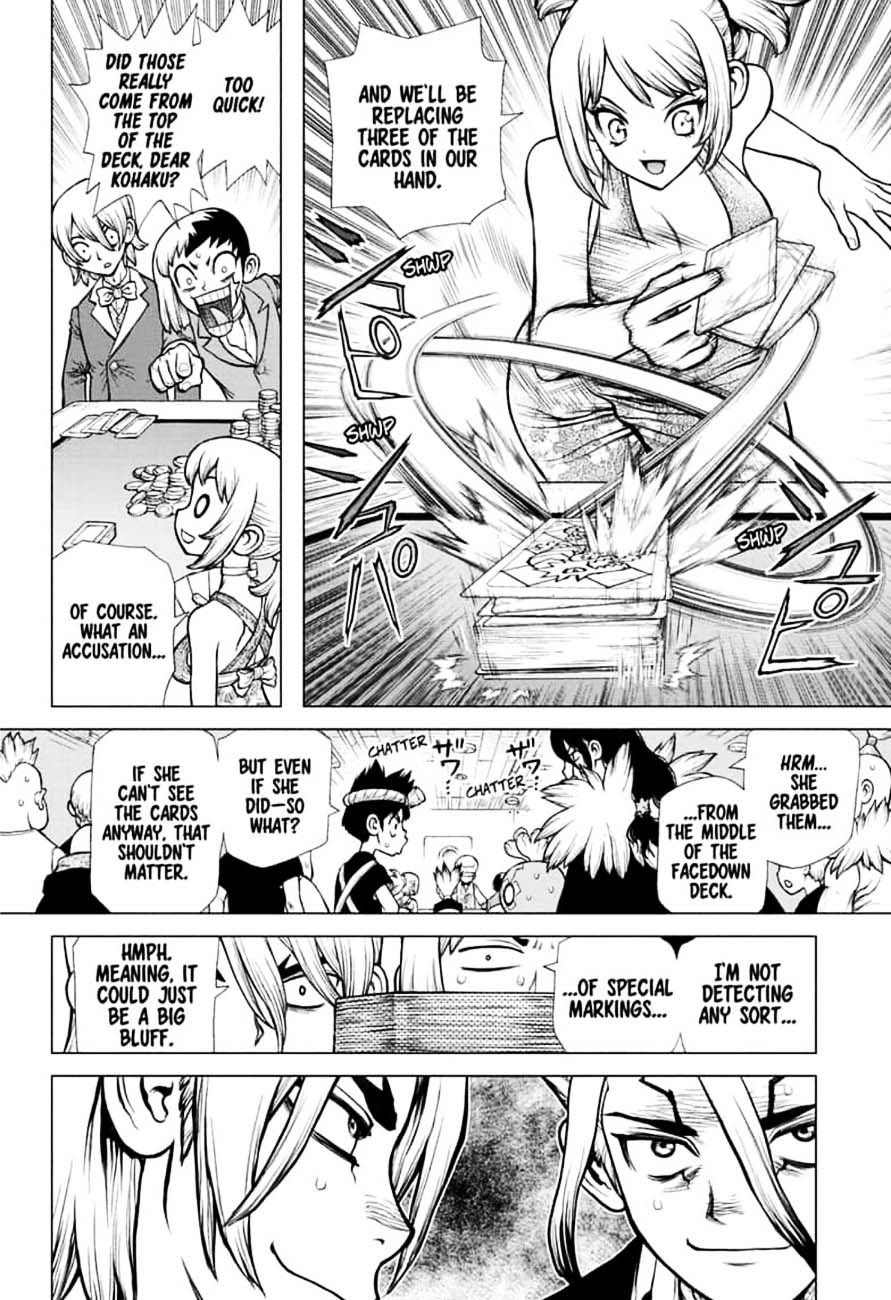 Dr. Stone Manga Chapter 144 page 14 - Ryusui & Gen vs. Senku & Kohaku scene