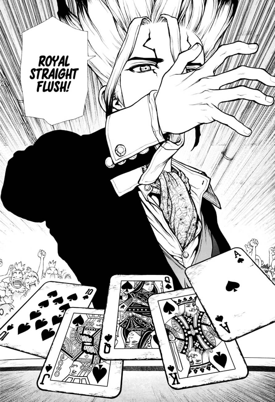 Dr. Stone Manga Chapter 144 page 16 - Ryusui & Gen vs. Senku & Kohaku scene