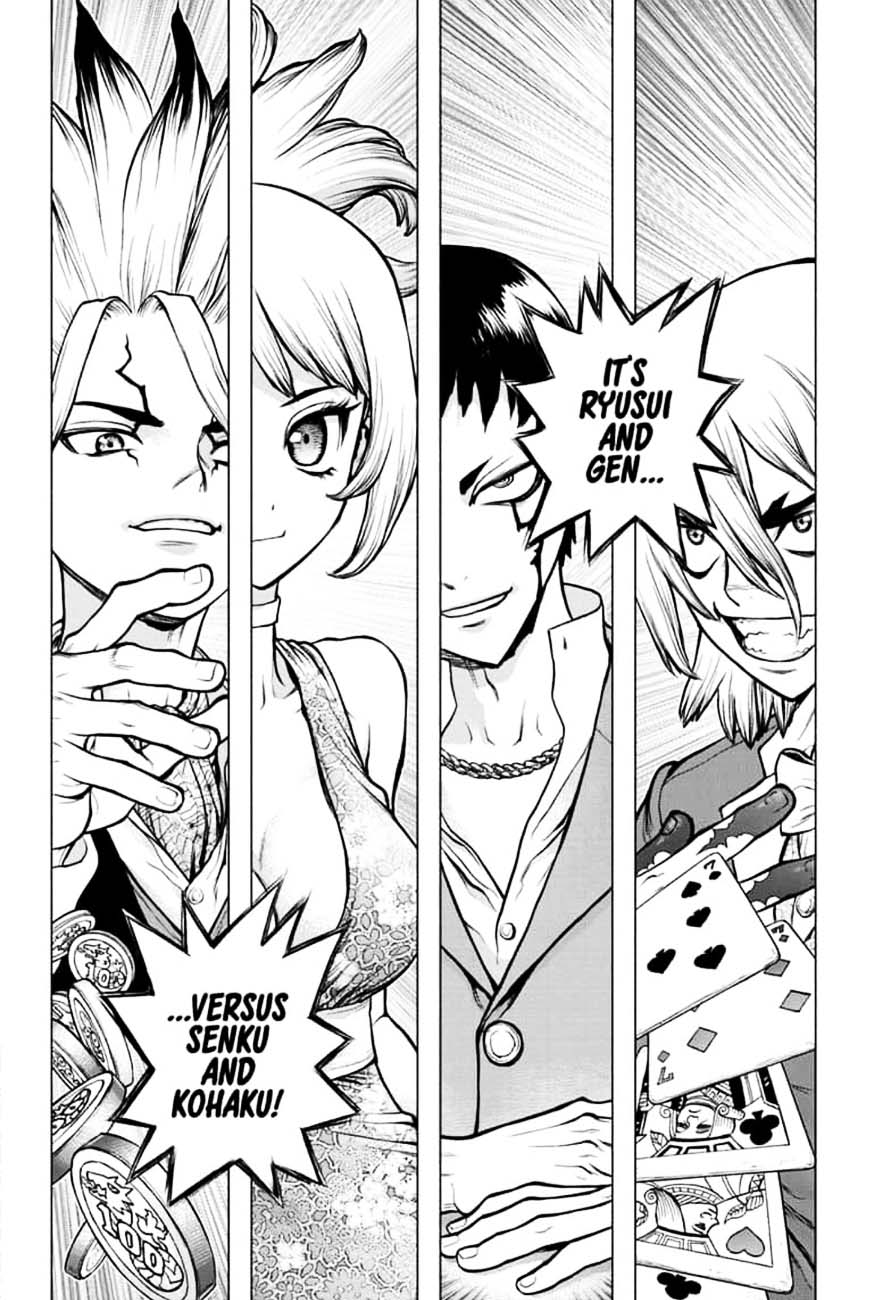 Dr. Stone Manga Chapter 144 page 2 - Ryusui & Gen vs. Senku & Kohaku scene