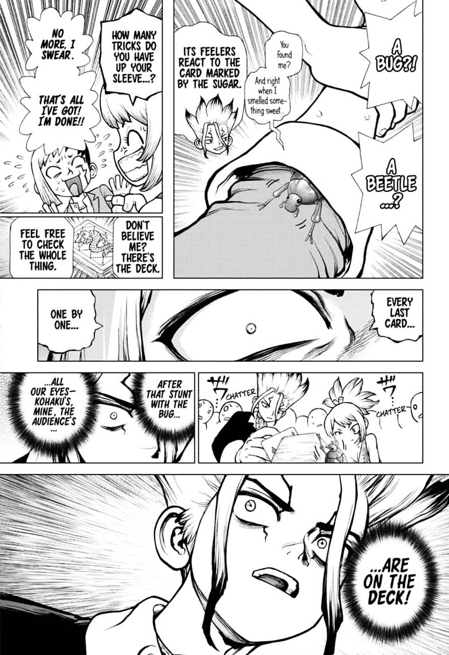 Dr. Stone Manga Chapter 144 page 9 - Ryusui & Gen vs. Senku & Kohaku scene