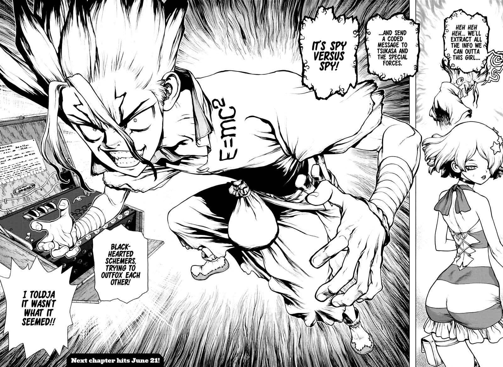 Dr. Stone Manga Chapter 154 page 16 - Spy vs. Spy scene