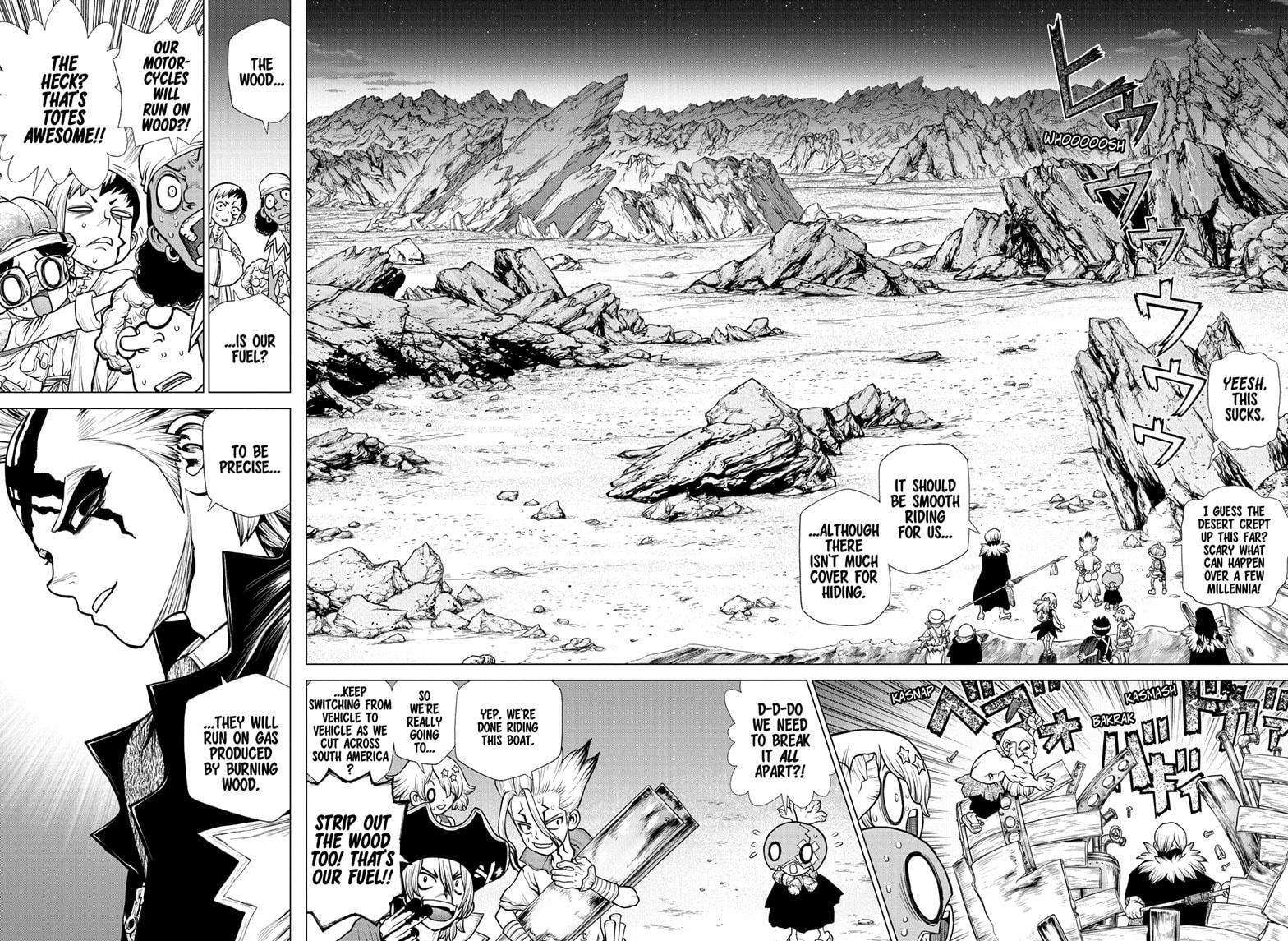 Dr. Stone Manga Chapter 175 page 10 - Ultra Race Across South America scene