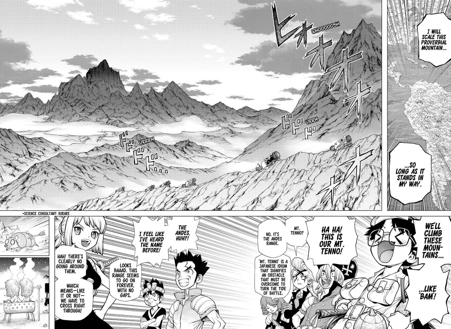 Dr. Stone Manga Chapter 178 page 4 - Science Scales Mountains scene