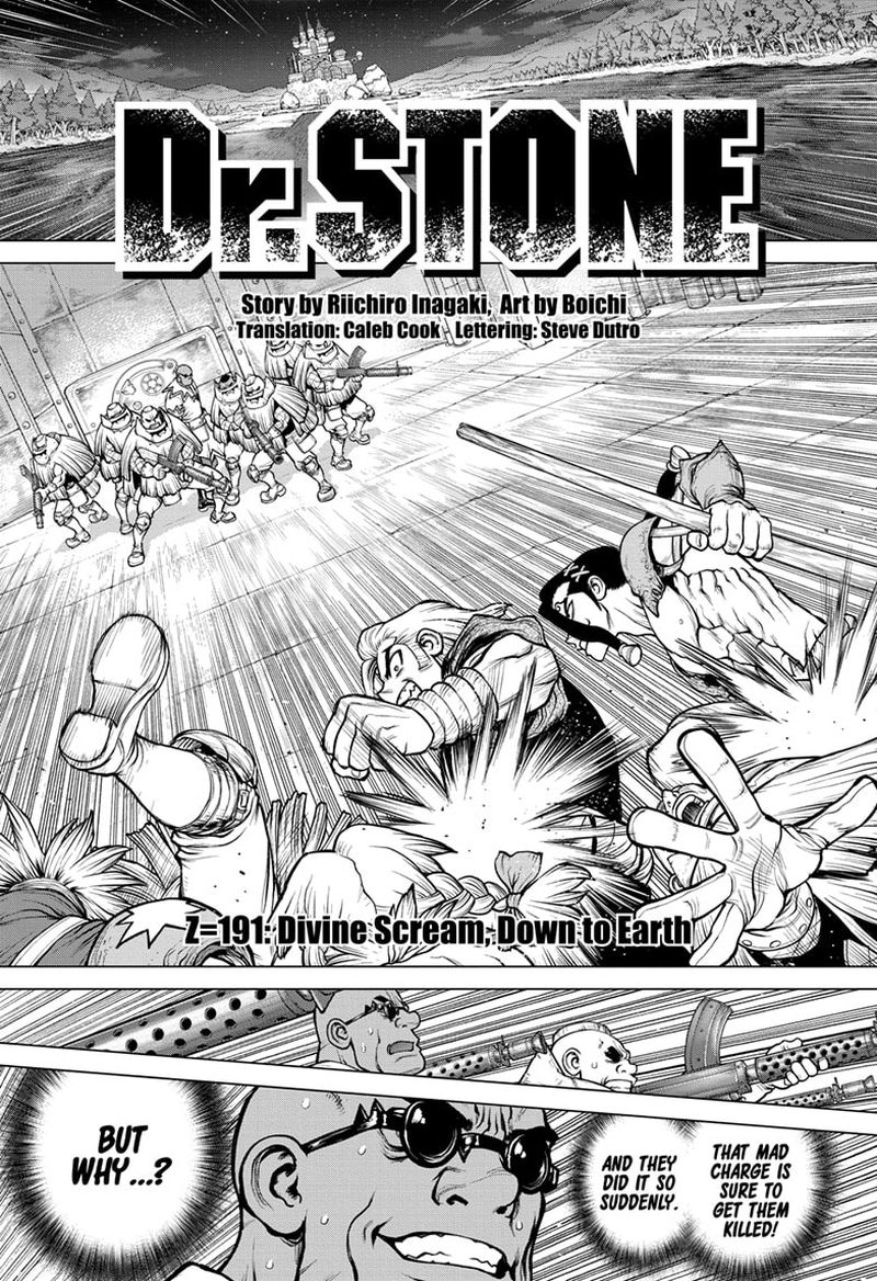 Dr. Stone Manga Chapter 191 page 1 - Divine Scream, Down to Earth scene