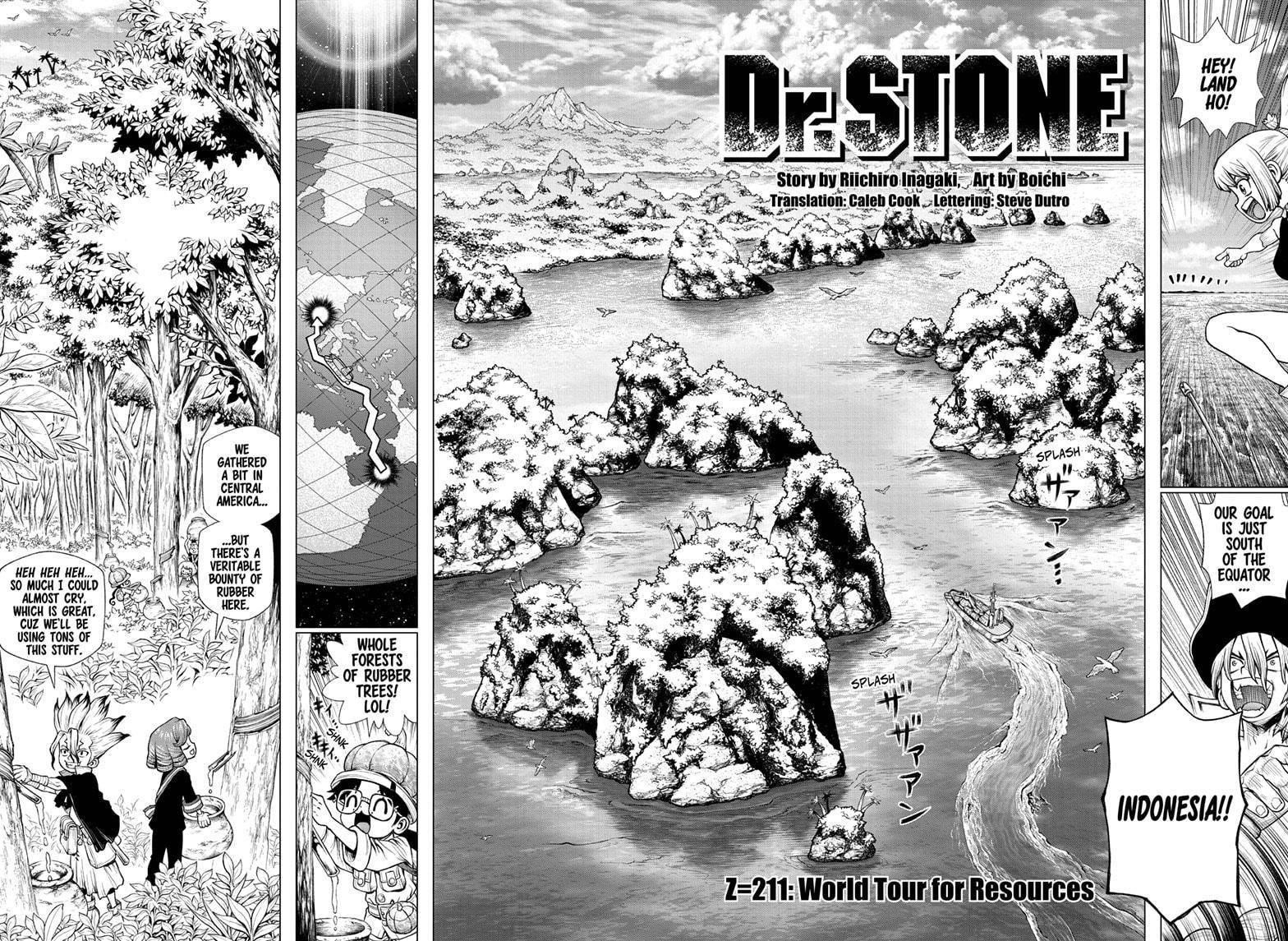 Dr. Stone Manga Chapter 211 page 2 - World Tour for Resources scene