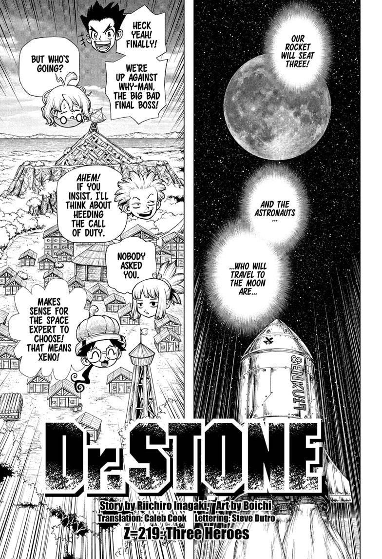 Dr. Stone Manga Chapter 219 page 1 - Three Heroes scene