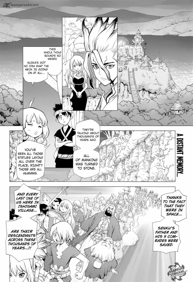 Dr. Stone Manga Chapter 45 page 2 - Epilogue of Part 1 (End of Part 1) scene