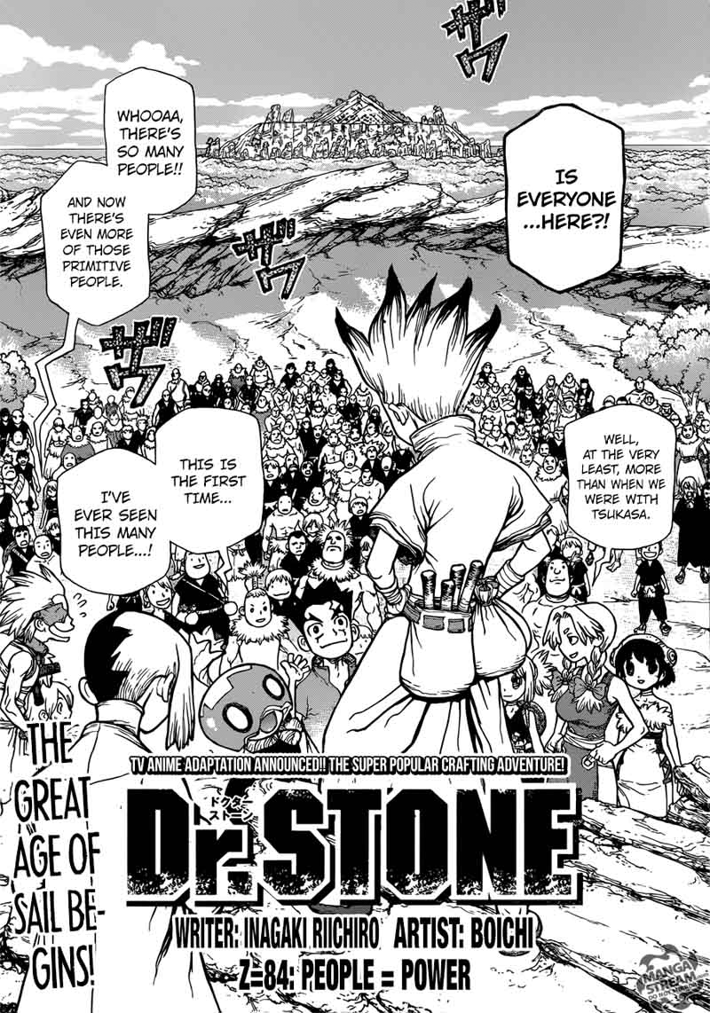 Dr. Stone Manga Chapter 84 page 1 - People = Power scene